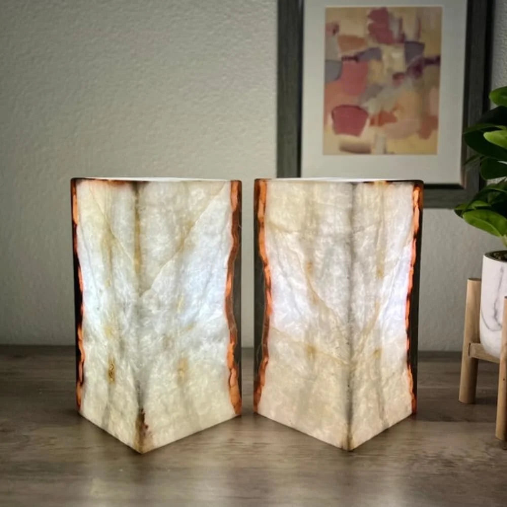 Set of 2 White with Some Red and Gray Stone Lamps, Onyx Lights, Onyx Table Lamp, Onyx Stone Lamps, Desk Lamps, Nightstand Lamp, Bedside Lamps, 6 "W X 12 "H X 6 "D, Accent Lamp for Home Decor