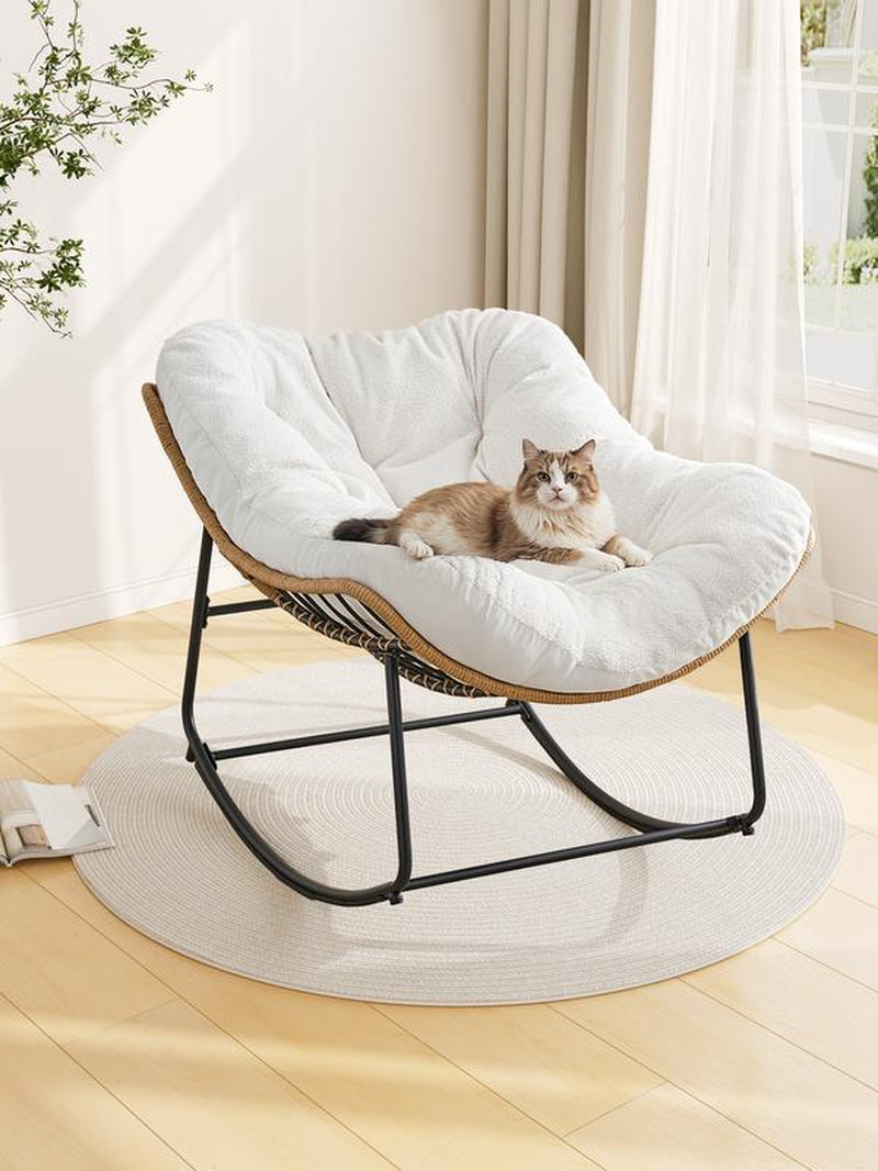 【Double-Side Fabric】Onbrill Oversized Indoor Outdoor Rocking Chairs, Comfy Papasan Rocking Chair with Padded Cushion, Rattan Wicker Lounge Chair , Modern Reading Accent Chair for Balcony Garden Patio, Living Room Furniture, Bedroom Furniture, Gift