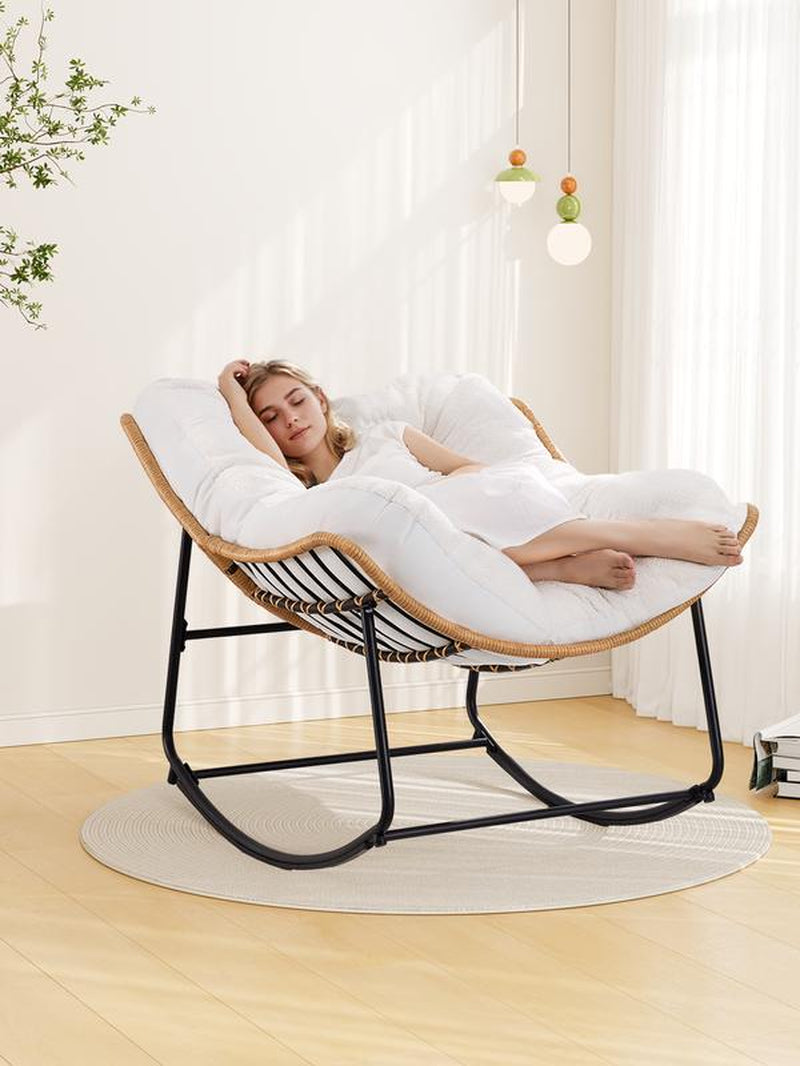 【Double-Side Fabric】Onbrill Oversized Indoor Outdoor Rocking Chairs, Comfy Papasan Rocking Chair with Padded Cushion, Rattan Wicker Lounge Chair , Modern Reading Accent Chair for Balcony Garden Patio, Living Room Furniture, Bedroom Furniture, Gift
