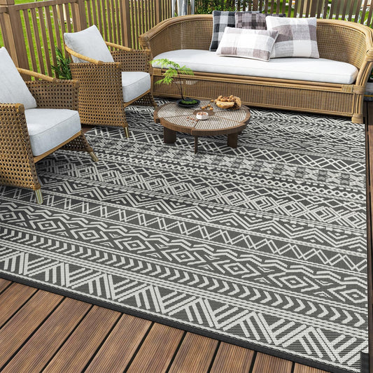 Outdoor Rug Carpet Waterproof 5X8 Outdoor Patio Rug Mat Reverisble Plastic Straw Outdoor Rug for RV Camping Picnic Beach Balcony Boho Grey