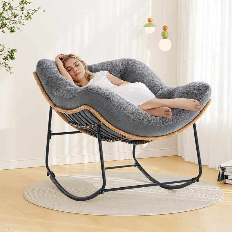 【Double-Side Fabric】Onbrill Oversized Indoor Outdoor Rocking Chairs, Comfy Papasan Rocking Chair with Padded Cushion, Rattan Wicker Lounge Chair , Modern Reading Accent Chair for Balcony Garden Patio, Living Room Furniture, Bedroom Furniture, Gift