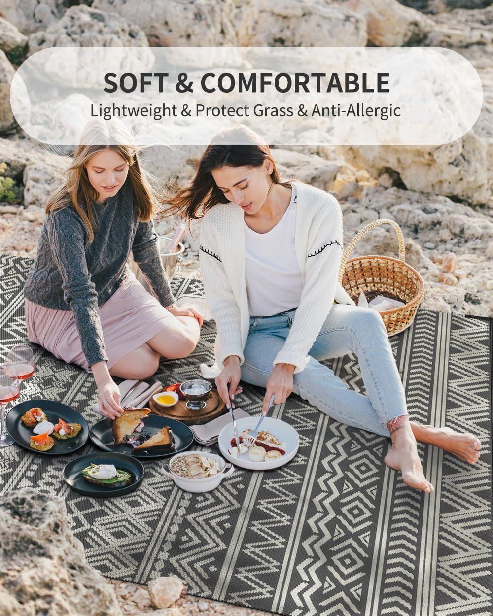 Outdoor Rug Carpet Waterproof 5X8 Outdoor Patio Rug Mat Reverisble Plastic Straw Outdoor Rug for RV Camping Picnic Beach Balcony Boho Grey