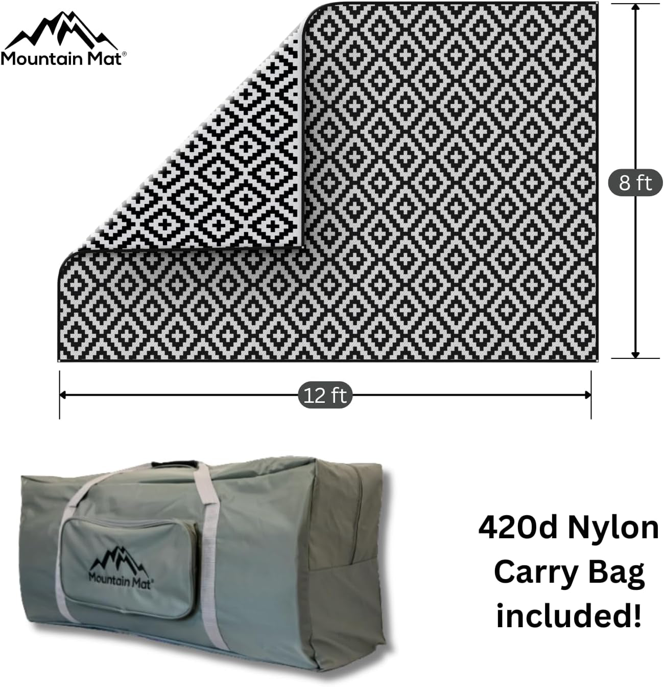 Premium Plastic Outdoor Rug – Size 8' X 12' – Sand-Free Made from 100% Recycled Plastic – for Campsites, Tents, Rvs, Campers, and Patios – with Durable Carry Bag and Grommets (Black)