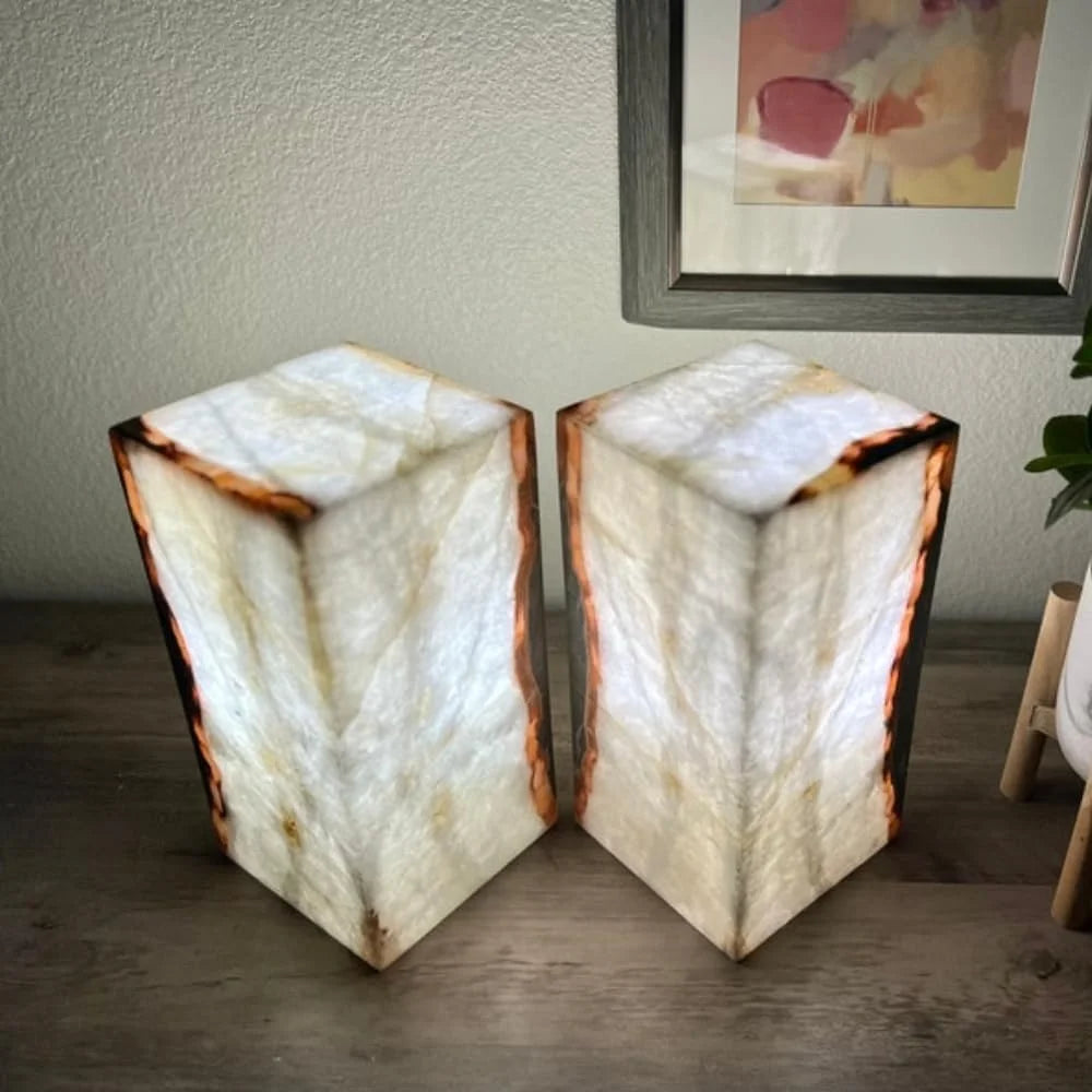 Set of 2 White with Some Red and Gray Stone Lamps, Onyx Lights, Onyx Table Lamp, Onyx Stone Lamps, Desk Lamps, Nightstand Lamp, Bedside Lamps, 6 "W X 12 "H X 6 "D, Accent Lamp for Home Decor