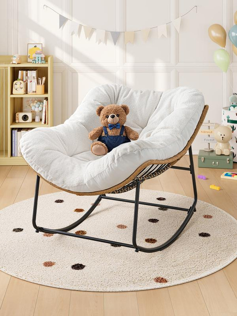 【Double-Side Fabric】Onbrill Oversized Indoor Outdoor Rocking Chairs, Comfy Papasan Rocking Chair with Padded Cushion, Rattan Wicker Lounge Chair , Modern Reading Accent Chair for Balcony Garden Patio, Living Room Furniture, Bedroom Furniture, Gift