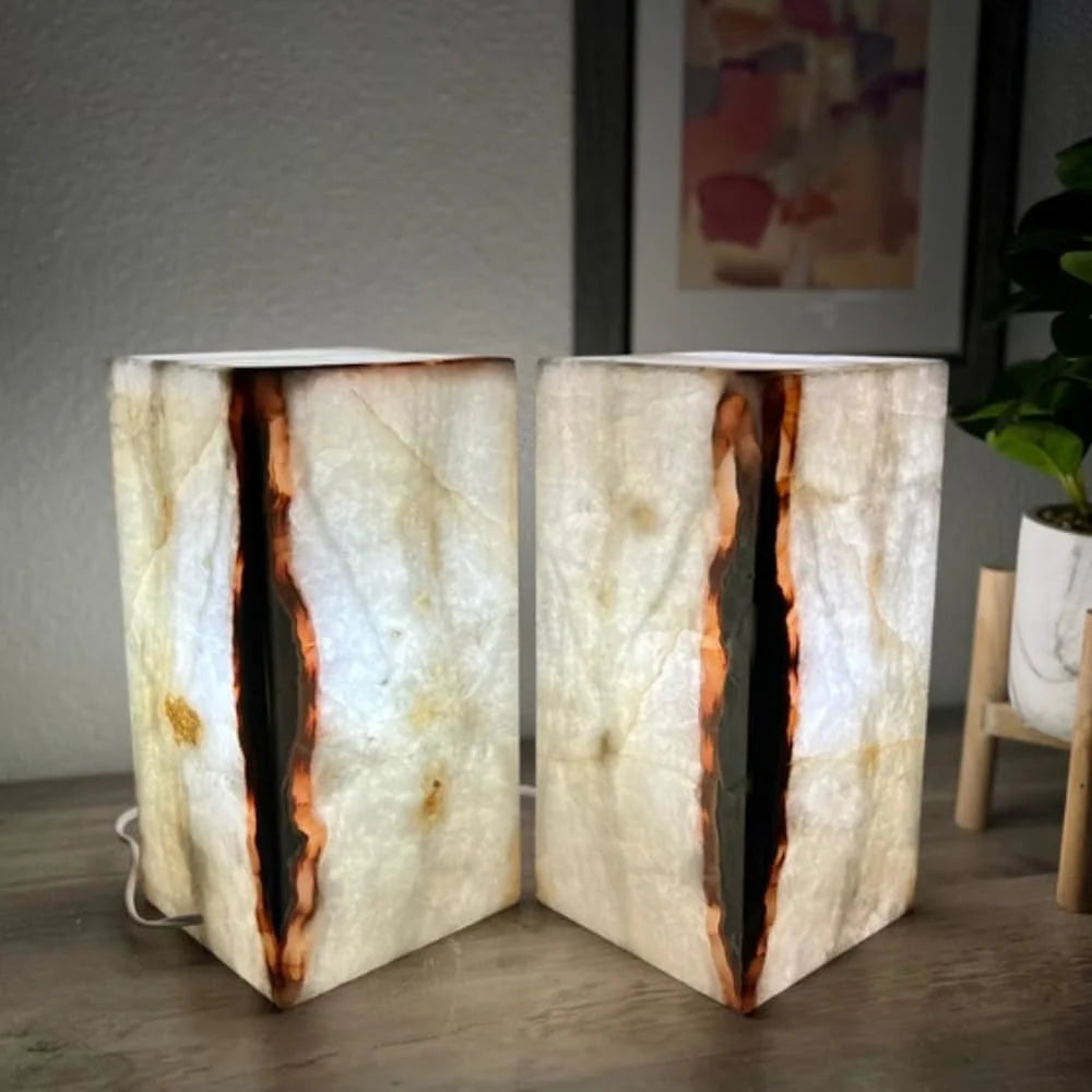 Set of 2 White with Some Red and Gray Stone Lamps, Onyx Lights, Onyx Table Lamp, Onyx Stone Lamps, Desk Lamps, Nightstand Lamp, Bedside Lamps, 6 "W X 12 "H X 6 "D, Accent Lamp for Home Decor