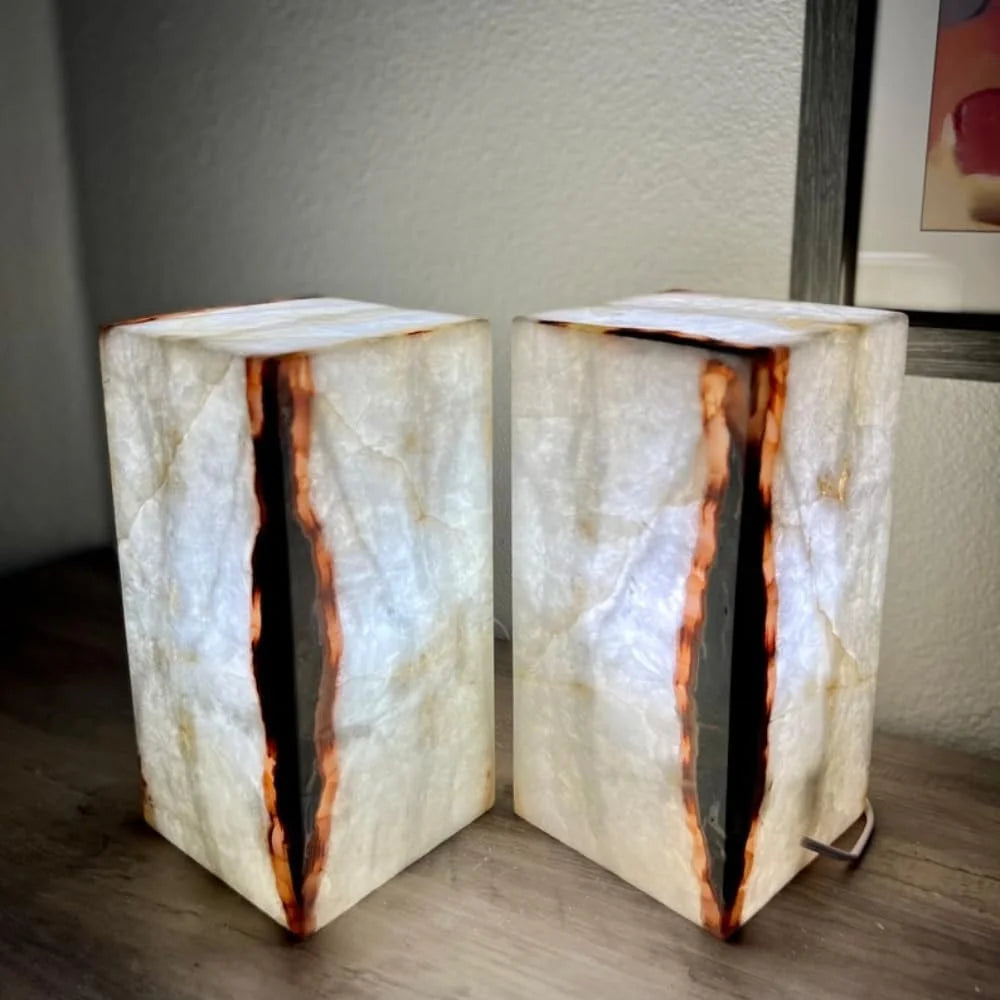 Set of 2 White with Some Red and Gray Stone Lamps, Onyx Lights, Onyx Table Lamp, Onyx Stone Lamps, Desk Lamps, Nightstand Lamp, Bedside Lamps, 6 "W X 12 "H X 6 "D, Accent Lamp for Home Decor