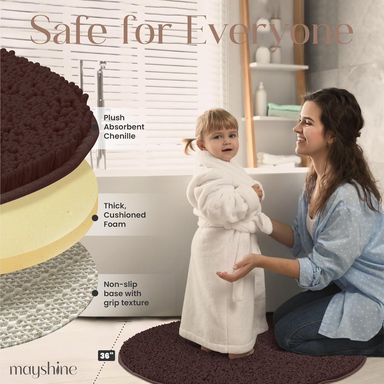 round Area Rug Set for Bathroom | Soft Plush Chenille Bath Mat, Water Absorbent Non-Slip Bathroom Rug | Washable Shag Carpet for Shower, Bedroom, or Home Décor | 36"X36" (Round) | Brown