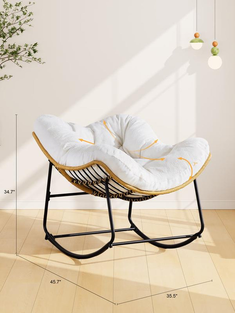【Double-Side Fabric】Onbrill Oversized Indoor Outdoor Rocking Chairs, Comfy Papasan Rocking Chair with Padded Cushion, Rattan Wicker Lounge Chair , Modern Reading Accent Chair for Balcony Garden Patio, Living Room Furniture, Bedroom Furniture, Gift
