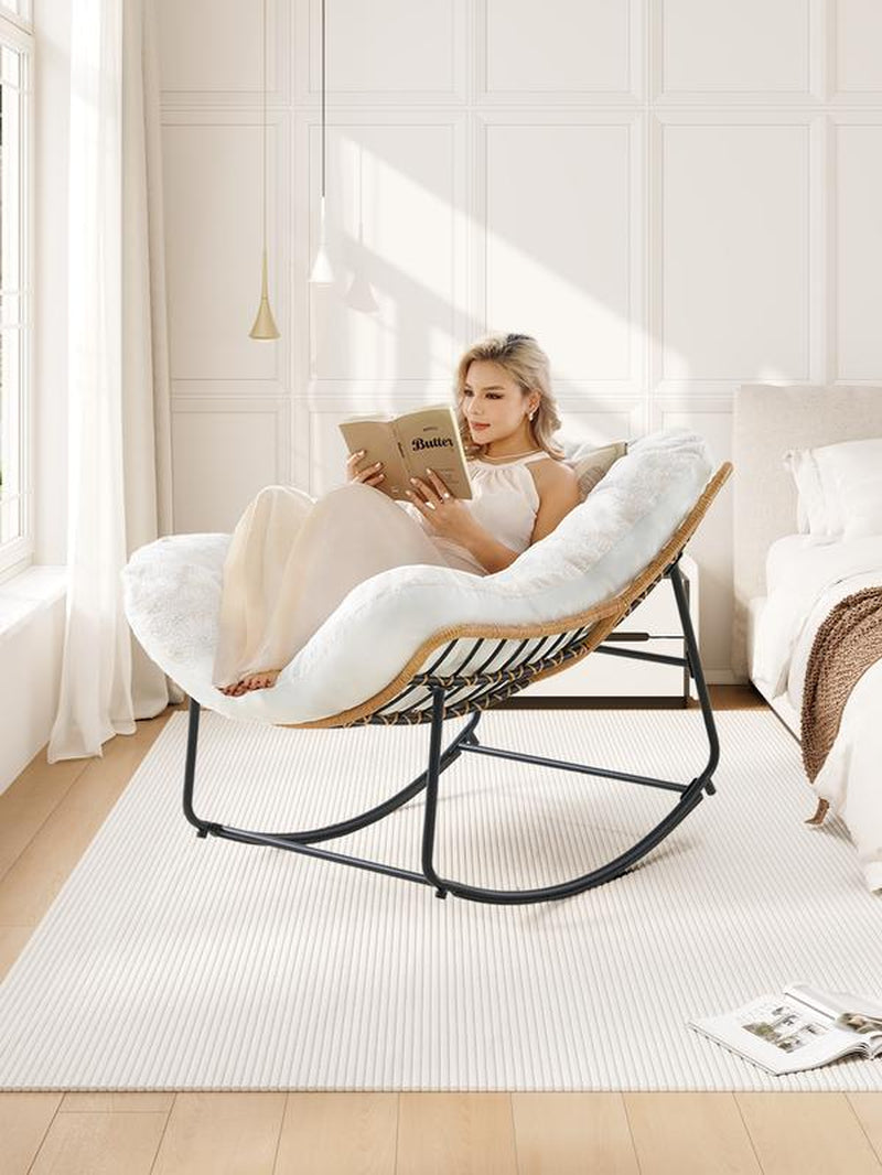 【Double-Side Fabric】Onbrill Oversized Indoor Outdoor Rocking Chairs, Comfy Papasan Rocking Chair with Padded Cushion, Rattan Wicker Lounge Chair , Modern Reading Accent Chair for Balcony Garden Patio, Living Room Furniture, Bedroom Furniture, Gift