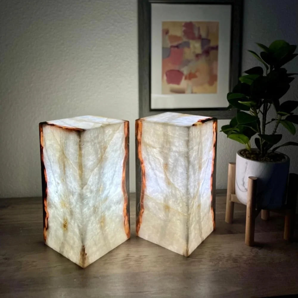 Set of 2 White with Some Red and Gray Stone Lamps, Onyx Lights, Onyx Table Lamp, Onyx Stone Lamps, Desk Lamps, Nightstand Lamp, Bedside Lamps, 6 "W X 12 "H X 6 "D, Accent Lamp for Home Decor