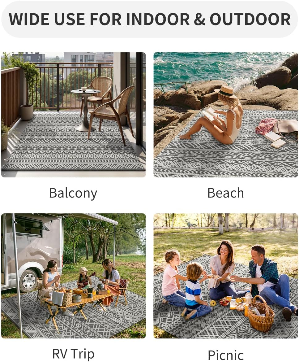 Outdoor Rug Carpet Waterproof 5X8 Outdoor Patio Rug Mat Reverisble Plastic Straw Outdoor Rug for RV Camping Picnic Beach Balcony Boho Grey