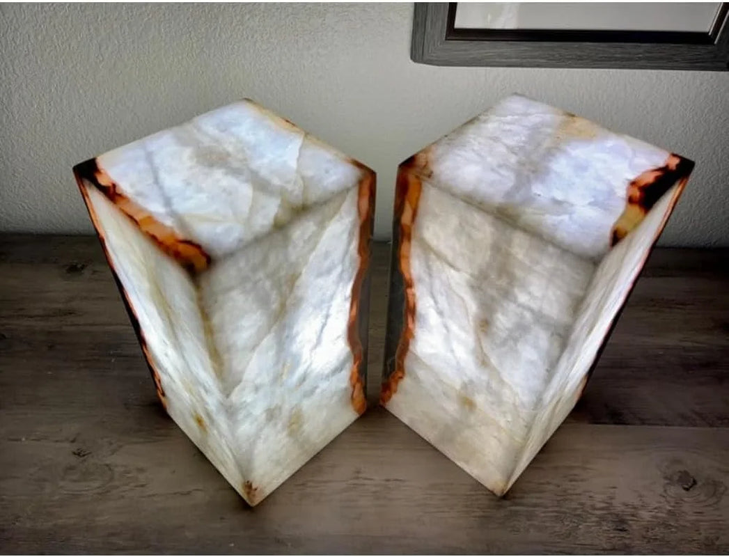 Set of 2 White with Some Red and Gray Stone Lamps, Onyx Lights, Onyx Table Lamp, Onyx Stone Lamps, Desk Lamps, Nightstand Lamp, Bedside Lamps, 6 "W X 12 "H X 6 "D, Accent Lamp for Home Decor