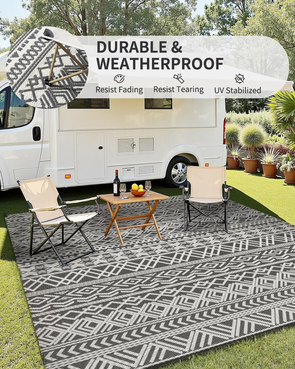 Outdoor Rug Carpet Waterproof 5X8 Outdoor Patio Rug Mat Reverisble Plastic Straw Outdoor Rug for RV Camping Picnic Beach Balcony Boho Grey