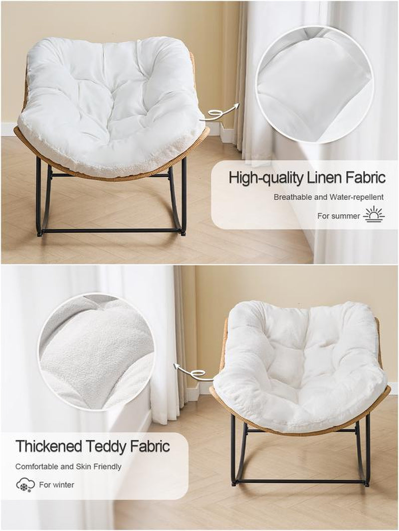 【Double-Side Fabric】Onbrill Oversized Indoor Outdoor Rocking Chairs, Comfy Papasan Rocking Chair with Padded Cushion, Rattan Wicker Lounge Chair , Modern Reading Accent Chair for Balcony Garden Patio, Living Room Furniture, Bedroom Furniture, Gift