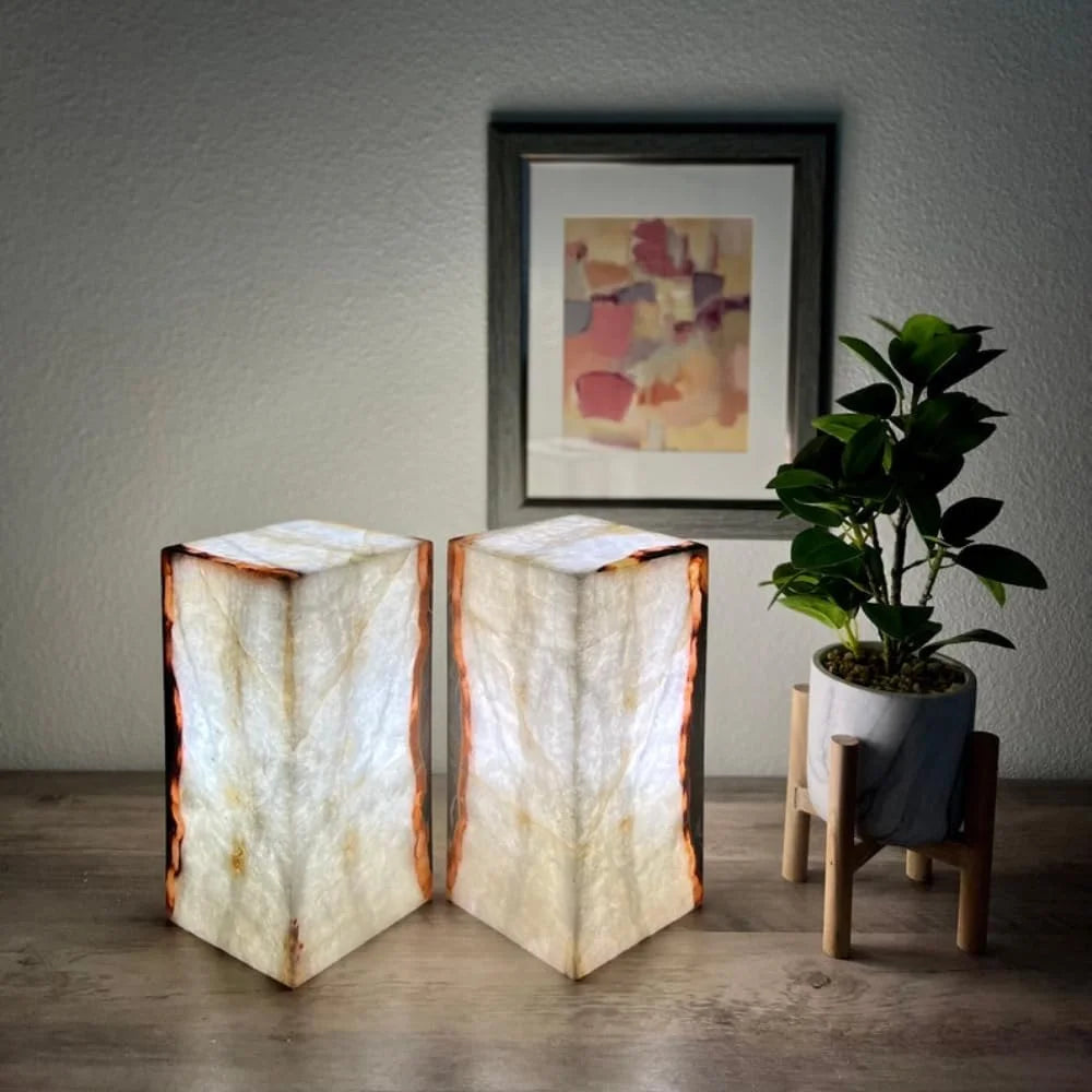 Set of 2 White with Some Red and Gray Stone Lamps, Onyx Lights, Onyx Table Lamp, Onyx Stone Lamps, Desk Lamps, Nightstand Lamp, Bedside Lamps, 6 "W X 12 "H X 6 "D, Accent Lamp for Home Decor