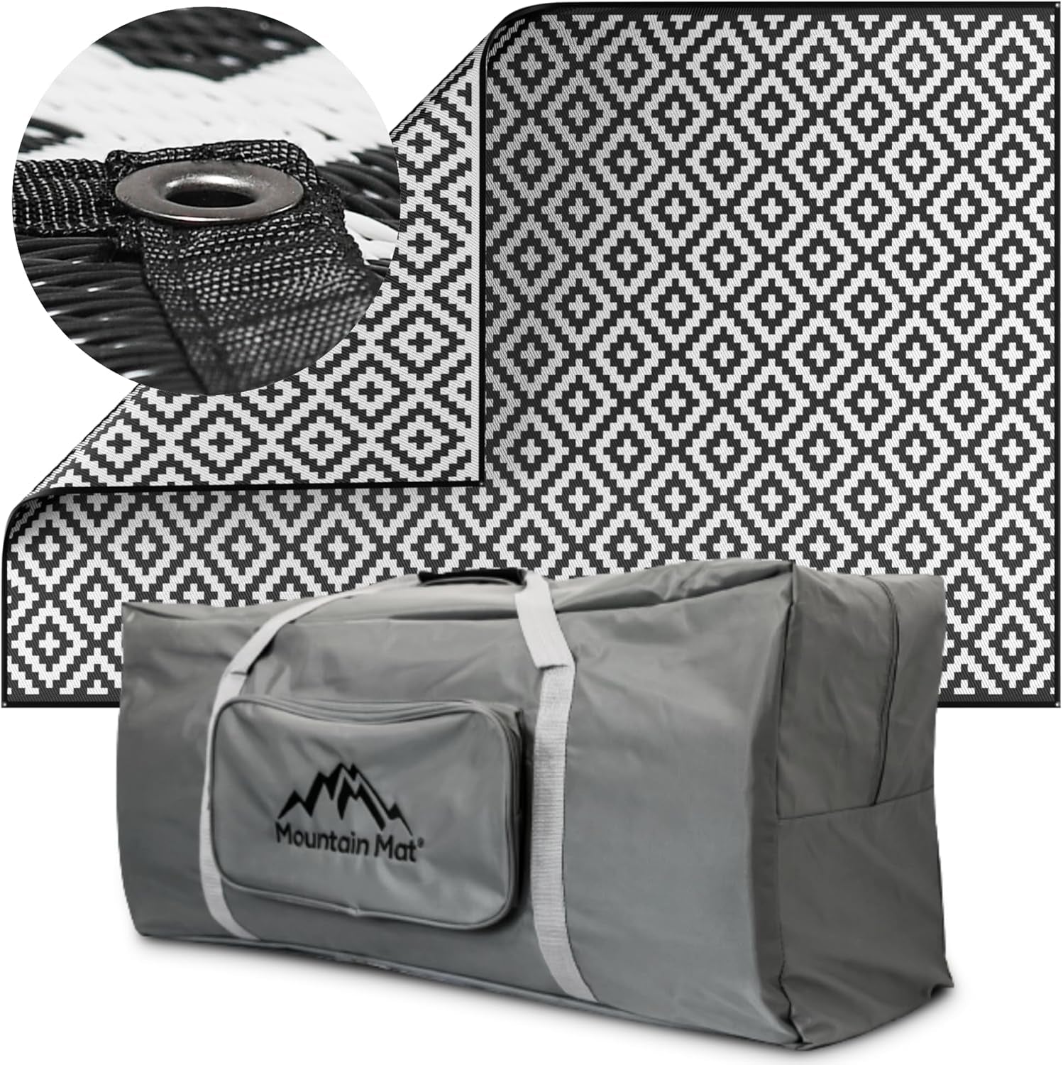 Premium Plastic Outdoor Rug – Size 8' X 12' – Sand-Free Made from 100% Recycled Plastic – for Campsites, Tents, Rvs, Campers, and Patios – with Durable Carry Bag and Grommets (Black)