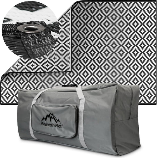 Premium Plastic Outdoor Rug – Size 8' X 12' – Sand-Free Made from 100% Recycled Plastic – for Campsites, Tents, Rvs, Campers, and Patios – with Durable Carry Bag and Grommets (Black)