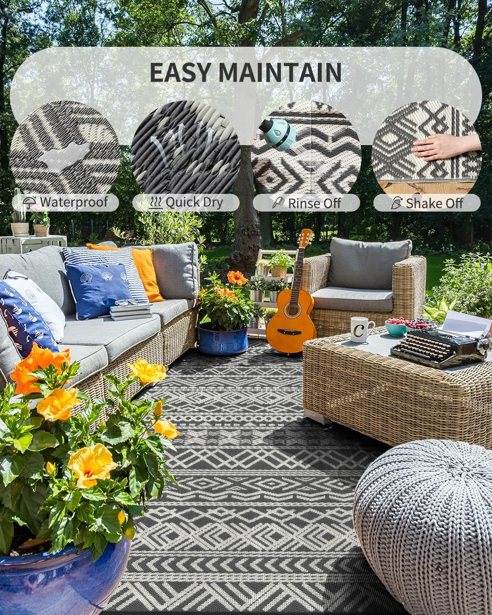 Outdoor Rug Carpet Waterproof 5X8 Outdoor Patio Rug Mat Reverisble Plastic Straw Outdoor Rug for RV Camping Picnic Beach Balcony Boho Grey