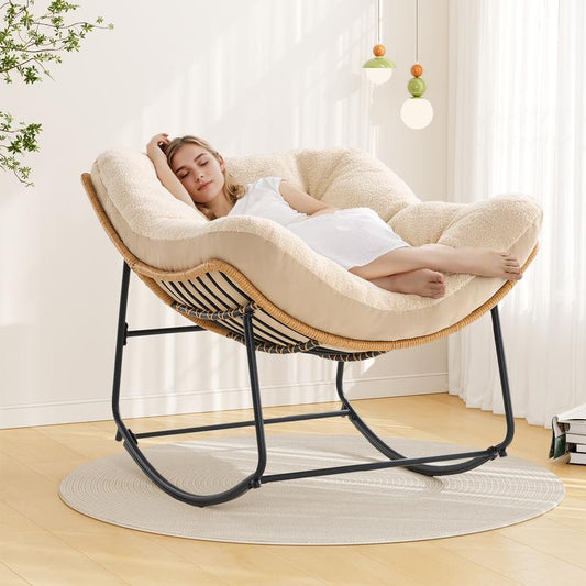 【Double-Side Fabric】Onbrill Oversized Indoor Outdoor Rocking Chairs, Comfy Papasan Rocking Chair with Padded Cushion, Rattan Wicker Lounge Chair , Modern Reading Accent Chair for Balcony Garden Patio, Living Room Furniture, Bedroom Furniture, Gift