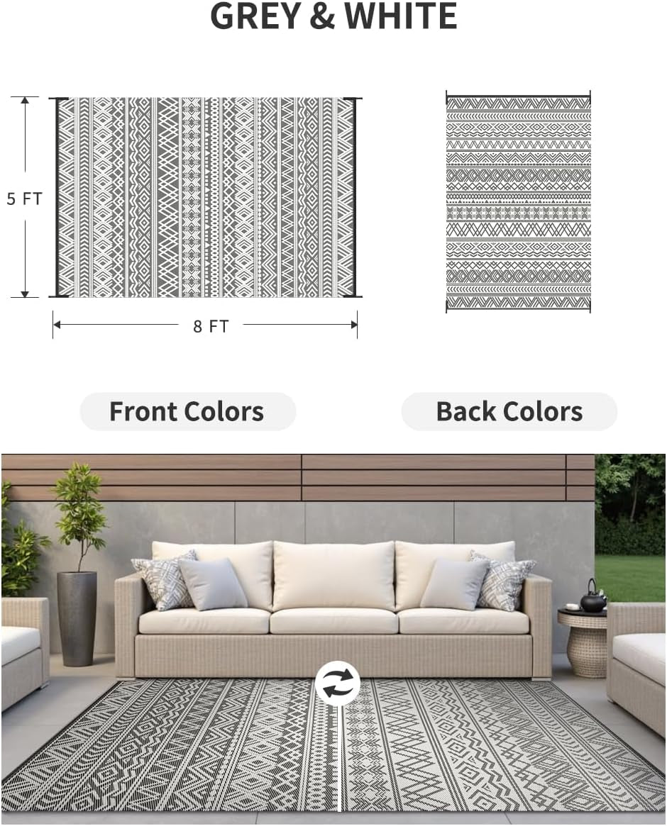 Outdoor Rug Carpet Waterproof 5X8 Outdoor Patio Rug Mat Reverisble Plastic Straw Outdoor Rug for RV Camping Picnic Beach Balcony Boho Grey