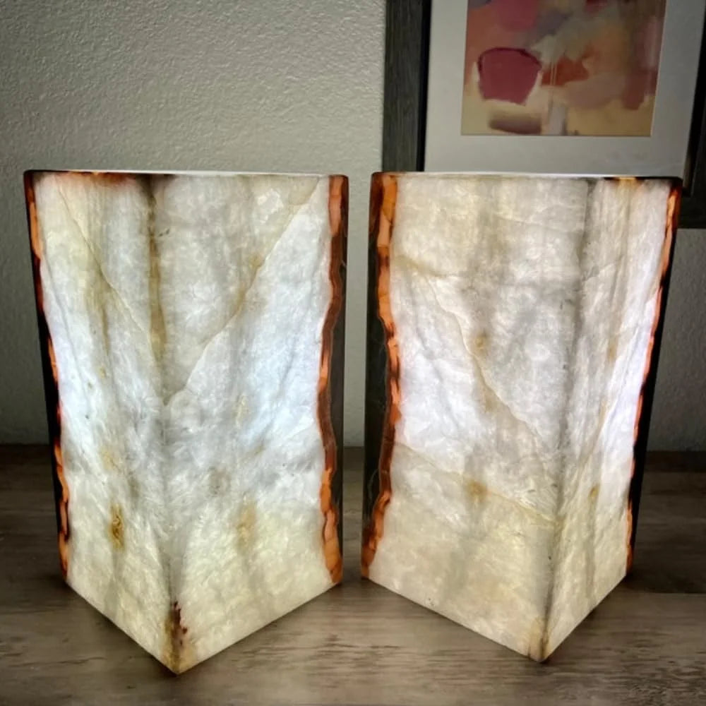 Set of 2 White with Some Red and Gray Stone Lamps, Onyx Lights, Onyx Table Lamp, Onyx Stone Lamps, Desk Lamps, Nightstand Lamp, Bedside Lamps, 6 "W X 12 "H X 6 "D, Accent Lamp for Home Decor