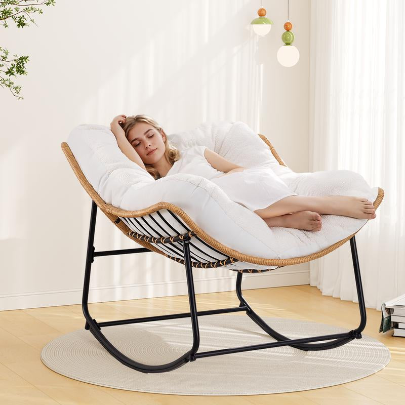 【Double-Side Fabric】Onbrill Oversized Indoor Outdoor Rocking Chairs, Comfy Papasan Rocking Chair with Padded Cushion, Rattan Wicker Lounge Chair , Modern Reading Accent Chair for Balcony Garden Patio, Living Room Furniture, Bedroom Furniture, Gift